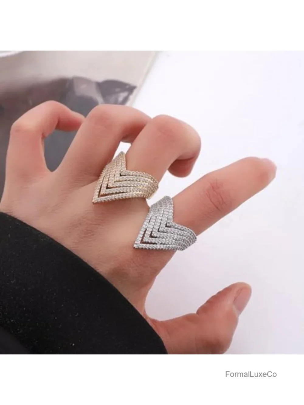 V Shape CZ Crystal Ring Gold Adjustable Open Band Wedding Engagement Statement